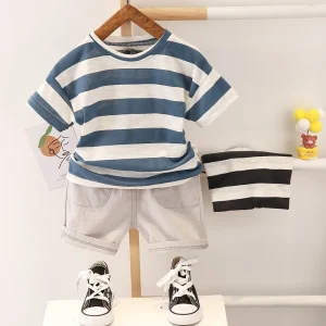 2Pcs Striped Short Sleeve T-shirt + Cotton Shorts
