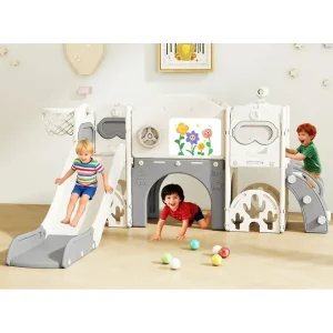 All-in-One Toddler Slide Playset: Indoor Playground with Golf, Dining Set, Basketball for Ages 1-3
